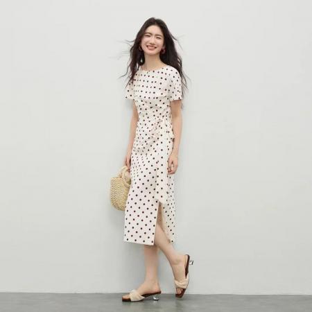 BY24982# 波尔卡圆点裙夏含亚麻捏褶收腰显瘦短袖中长裙女
