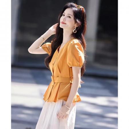 BY24985# 欧若风纯色配腰带气质上衣夏新时尚V领短袖衬衫