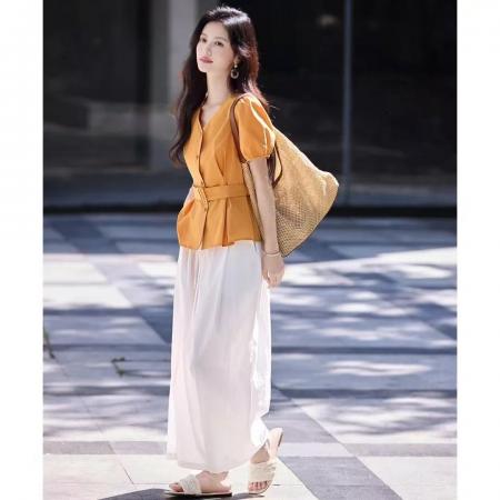 BY24985# 欧若风纯色配腰带气质上衣夏新时尚V领短袖衬衫