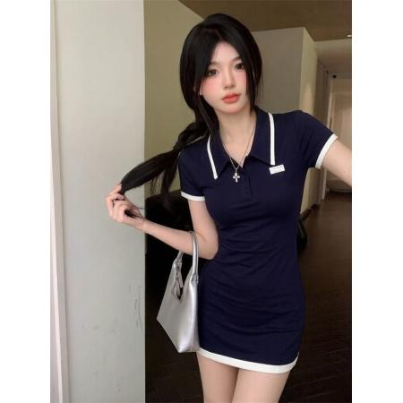 BY25015# 韩风miu系polo领收腰显瘦包臀辣妹短款连衣裙 服裝批發女裝批發服飾貨源