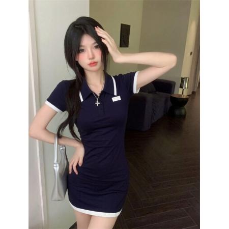 BY25015# 韩风miu系polo领收腰显瘦包臀辣妹短款连衣裙 服裝批發女裝批發服飾貨源