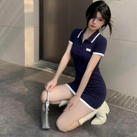 BY25015# 韩风miu系polo领收腰显瘦包臀辣妹短款连衣裙 服裝批發女裝批發服飾貨源