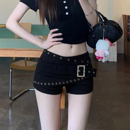 BY25019# 美式重工铆钉黑色超短朋克辣妹低腰显瘦百搭热短裤 服裝批發女裝批發服飾貨源