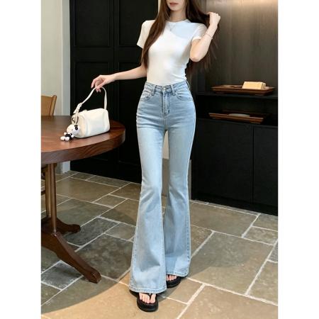 BY25022# 复古百搭显瘦高腰微喇叭牛仔长裤百搭 服裝批發女裝批發服飾貨源