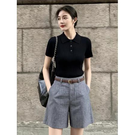 BY25023# 夏季减龄绝美穿搭一整套女黑色翻领冰丝上衣独特漂亮短裤两件套装 服裝批發女裝批發服飾貨源