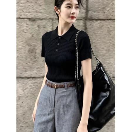 BY25023# 夏季减龄绝美穿搭一整套女黑色翻领冰丝上衣独特漂亮短裤两件套装 服裝批發女裝批發服飾貨源