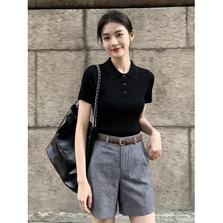 BY25023# 夏季减龄绝美穿搭一整套女黑色翻领冰丝上衣独特漂亮短裤两件套装 服裝批發女裝批發服飾貨源