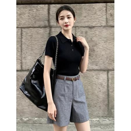 BY25023# 夏季减龄绝美穿搭一整套女黑色翻领冰丝上衣独特漂亮短裤两件套装 服裝批發女裝批發服飾貨源