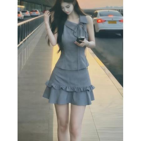 BY25029# 韩系ootd减龄穿搭巨好看一整套夏季独特漂亮灰色小裙子两件套装女 服裝批發女裝批發服飾貨源
