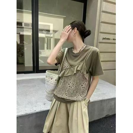 BY25034# 夏假两件蕾丝拼接吊带T恤女短袖宽松显瘦百搭叠穿减龄上衣 服裝批發女裝批發服飾貨源