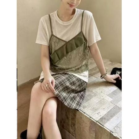 BY25034# 夏假两件蕾丝拼接吊带T恤女短袖宽松显瘦百搭叠穿减龄上衣 服裝批發女裝批發服飾貨源