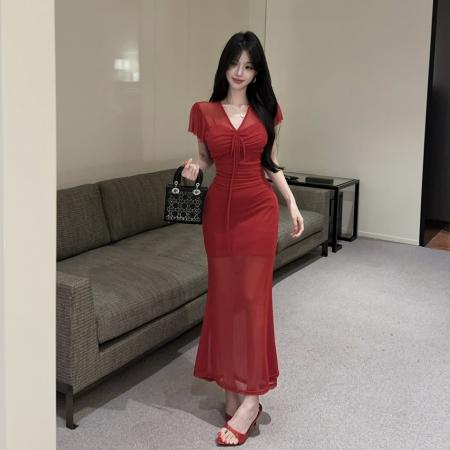 BY25037# 网纱抽绳长款短袖打底连衣裙 服裝批發女裝批發服飾貨源