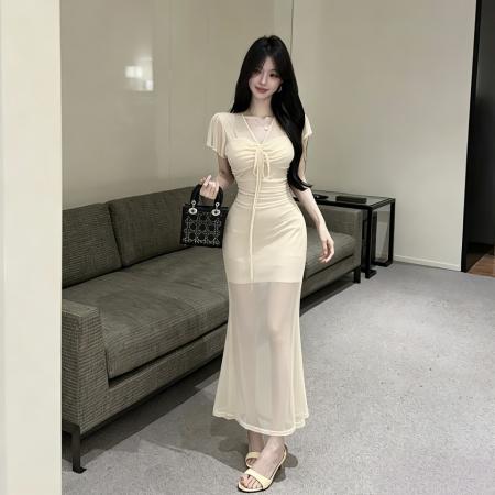 BY25037# 网纱抽绳长款短袖打底连衣裙 服裝批發女裝批發服飾貨源