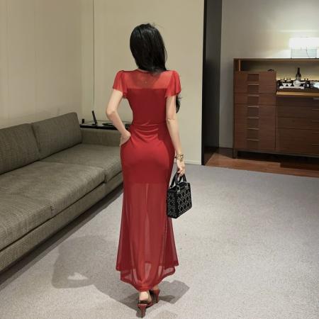 BY25037# 网纱抽绳长款短袖打底连衣裙 服裝批發女裝批發服飾貨源