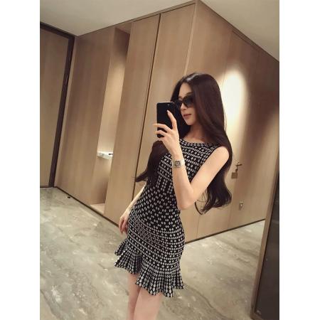 BY25044# 法式轻奢风黑白格纹无袖连衣裙女夏修身荷叶边鱼尾裙 服裝批發女裝批發服飾貨源