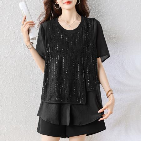BY25049# 天丝醋酸大码女装夏装胖mm假两件镂空中长小衫正肩上衣 服裝批發女裝批發服飾貨源