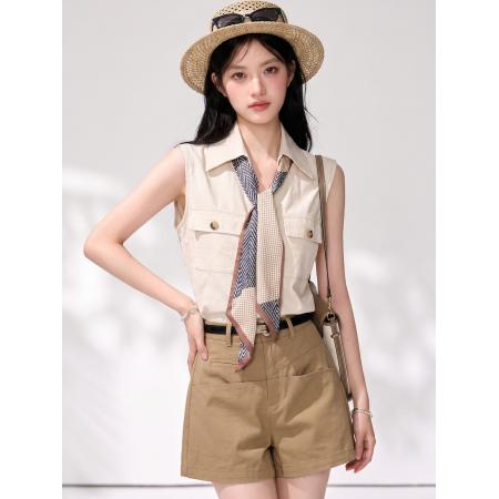 BY25057# 丝巾无袖棉麻上衣夏季气质显瘦翻领苎麻衬衫 服裝批發女裝批發服飾貨源