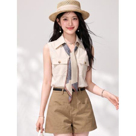 BY25057# 丝巾无袖棉麻上衣夏季气质显瘦翻领苎麻衬衫 服裝批發女裝批發服飾貨源