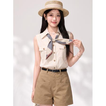BY25057# 丝巾无袖棉麻上衣夏季气质显瘦翻领苎麻衬衫 服裝批發女裝批發服飾貨源