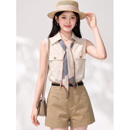 BY25057# 丝巾无袖棉麻上衣夏季气质显瘦翻领苎麻衬衫 服裝批發女裝批發服飾貨源