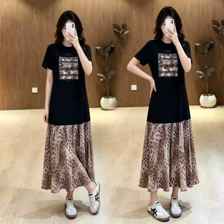 BY25062# 大码洋气独特设计感圆领字母豹纹T裙连衣裙 服裝批發女裝批發服飾貨源