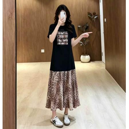 BY25062# 大码洋气独特设计感圆领字母豹纹T裙连衣裙 服裝批發女裝批發服飾貨源