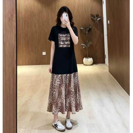 BY25062# 大码洋气独特设计感圆领字母豹纹T裙连衣裙 服裝批發女裝批發服飾貨源