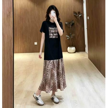 BY25062# 大码洋气独特设计感圆领字母豹纹T裙连衣裙 服裝批發女裝批發服飾貨源