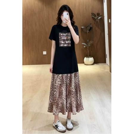BY25062# 大码洋气独特设计感圆领字母豹纹T裙连衣裙 服裝批發女裝批發服飾貨源