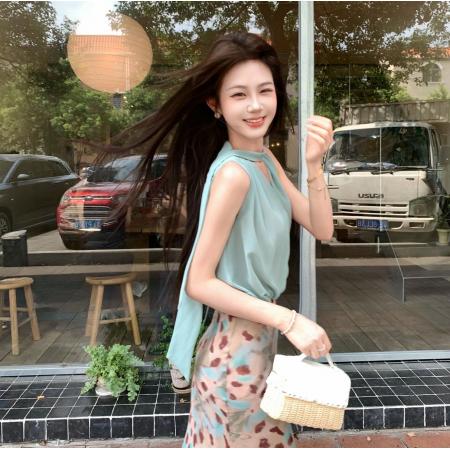 BY25066# 木子李的李怀雨情书薄荷挂脖无袖上衣晕染半身裙温柔气质套装 服裝批發女裝批發服飾貨源