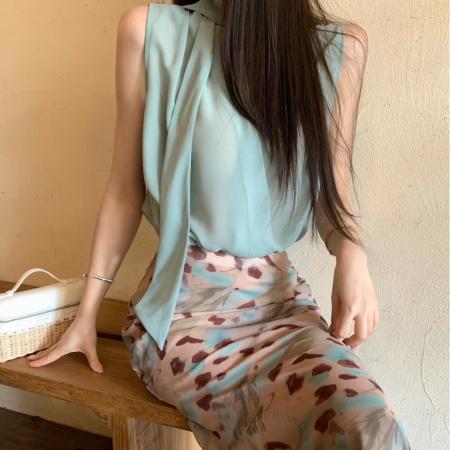 BY25066# 木子李的李怀雨情书薄荷挂脖无袖上衣晕染半身裙温柔气质套装 服裝批發女裝批發服飾貨源