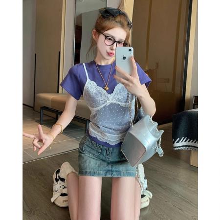 BY25079# 纯欲风蕾丝吊带短袖t恤女新款早春小个子修身短款设 服裝批發女裝批發服飾貨源