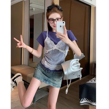 BY25079# 纯欲风蕾丝吊带短袖t恤女新款早春小个子修身短款设 服裝批發女裝批發服飾貨源
