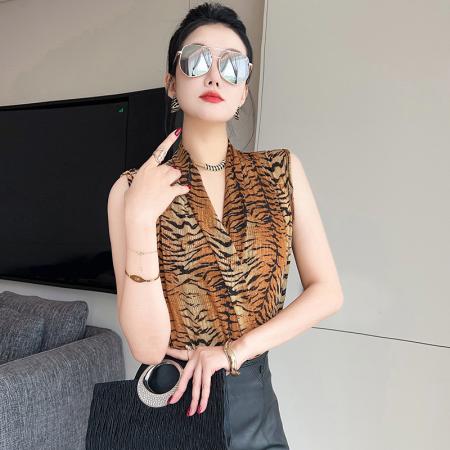 BY25087# 夏季新款欧货时尚豹纹收腰V领性感无袖衬衫女复古风上衣潮 服裝批發女裝批發服飾貨源