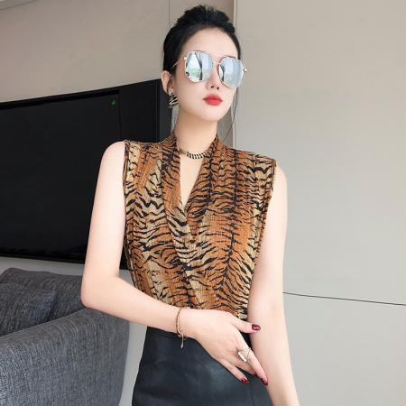 BY25087# 夏季新款欧货时尚豹纹收腰V领性感无袖衬衫女复古风上衣潮 服裝批發女裝批發服飾貨源