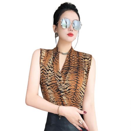 BY25087# 夏季新款欧货时尚豹纹收腰V领性感无袖衬衫女复古风上衣潮 服裝批發女裝批發服飾貨源