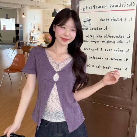 BY25094# 夏装新款胖mm大码女韩系撞色假两件拼接碎花小衫上衣 服裝批發女裝批發服飾貨源
