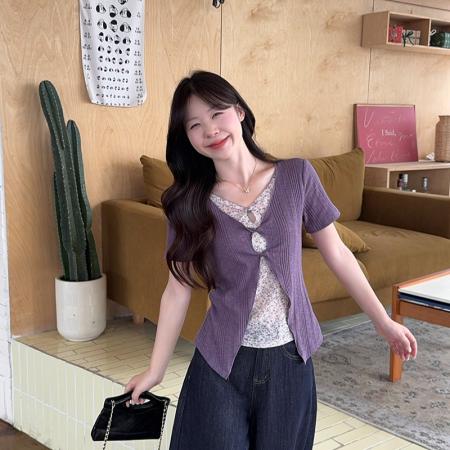 BY25094# 夏装新款胖mm大码女韩系撞色假两件拼接碎花小衫上衣 服裝批發女裝批發服飾貨源