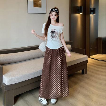 BY25096# 夏装新款胖mm大码女甜美卡通印花露肩短袖波点半身裙套装 服裝批發女裝批發服飾貨源