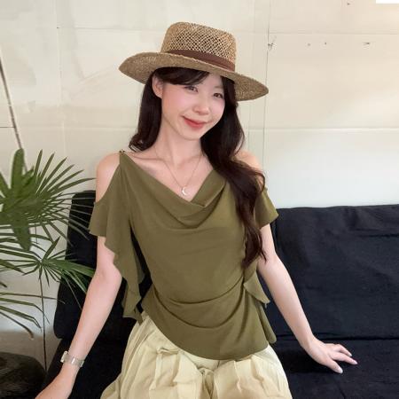 BY25097# 莱赛尔夏装新款微胖大码荡领露肩收腰显瘦设计感上衣 服裝批發女裝批發服飾貨源