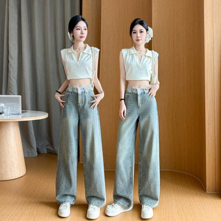 BY25100# 秋新款满天星牛仔裤女设计感宽松直筒阔腿显瘦裤子 服裝批發女裝批發服飾貨源