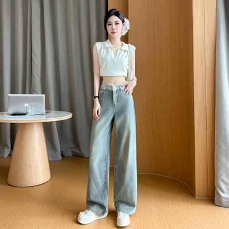 BY25100# 秋新款满天星牛仔裤女设计感宽松直筒阔腿显瘦裤子 服裝批發女裝批發服飾貨源
