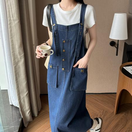 BY25103# 秋冬新款宽松休闲百搭牛仔背带裙中长款显瘦连衣裙女 服裝批發女裝批發服飾貨源