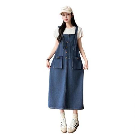 BY25103# 秋冬新款宽松休闲百搭牛仔背带裙中长款显瘦连衣裙女 服裝批發女裝批發服飾貨源