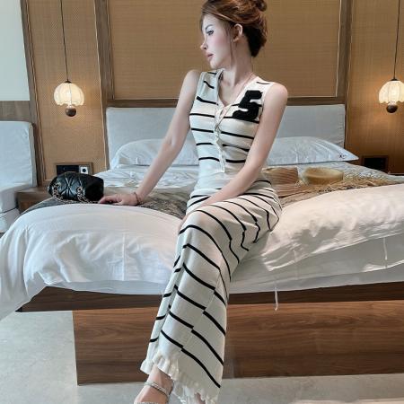 BY25110# 夏季新款百搭通勤5字条纹上衣半身裙长裙两件套套装 服裝批發女裝批發服飾貨源