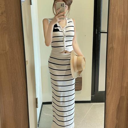 BY25110# 夏季新款百搭通勤5字条纹上衣半身裙长裙两件套套装 服裝批發女裝批發服飾貨源