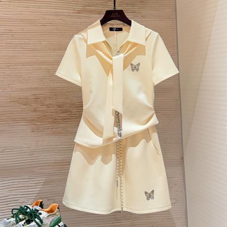 BY25121# 通勤风减龄套装女夏季新款百搭遮肉翻领上衣短裙两件套 服裝批發女裝批發服飾貨源