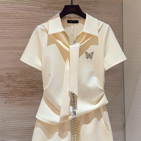 BY25121# 通勤风减龄套装女夏季新款百搭遮肉翻领上衣短裙两件套 服裝批發女裝批發服飾貨源