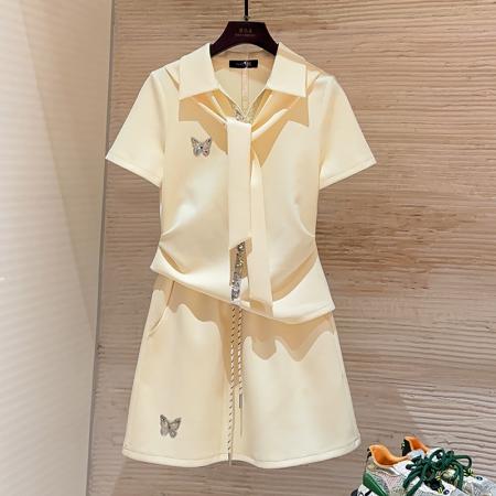 BY25121# 通勤风减龄套装女夏季新款百搭遮肉翻领上衣短裙两件套 服裝批發女裝批發服飾貨源