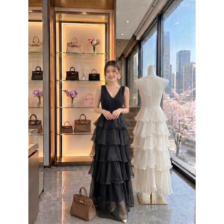 BY25122# 从一时刻法式高级感白色V领蛋糕裙女无袖收腰宴会晚礼生日公主裙 服裝批發女裝批發服飾貨源